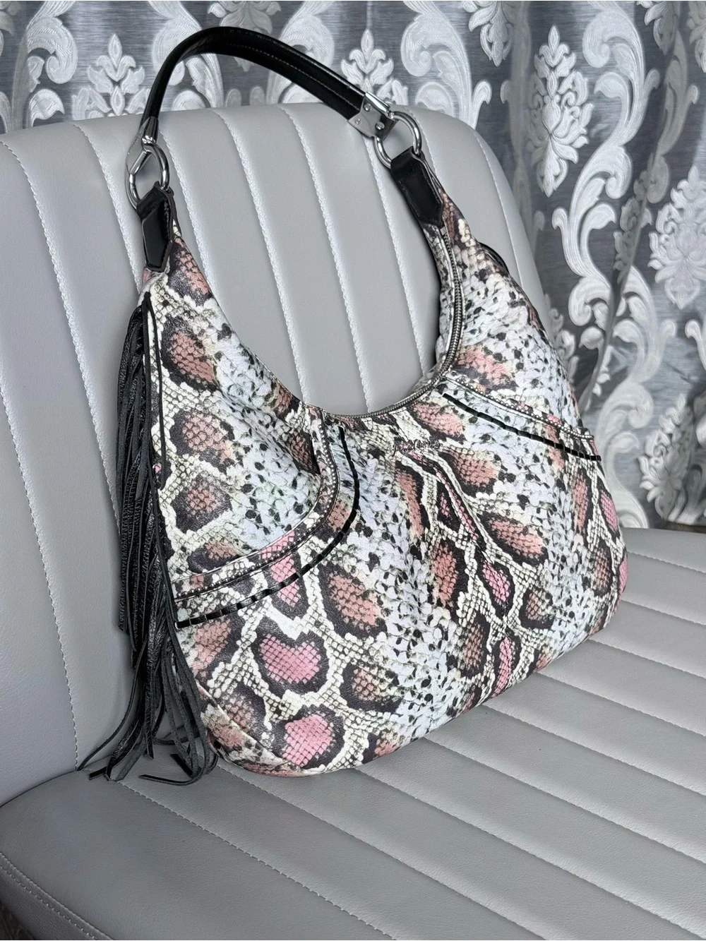 Aimee Kestenberg NWOT Fringe Hobo Snake-Print Western Chic Leather